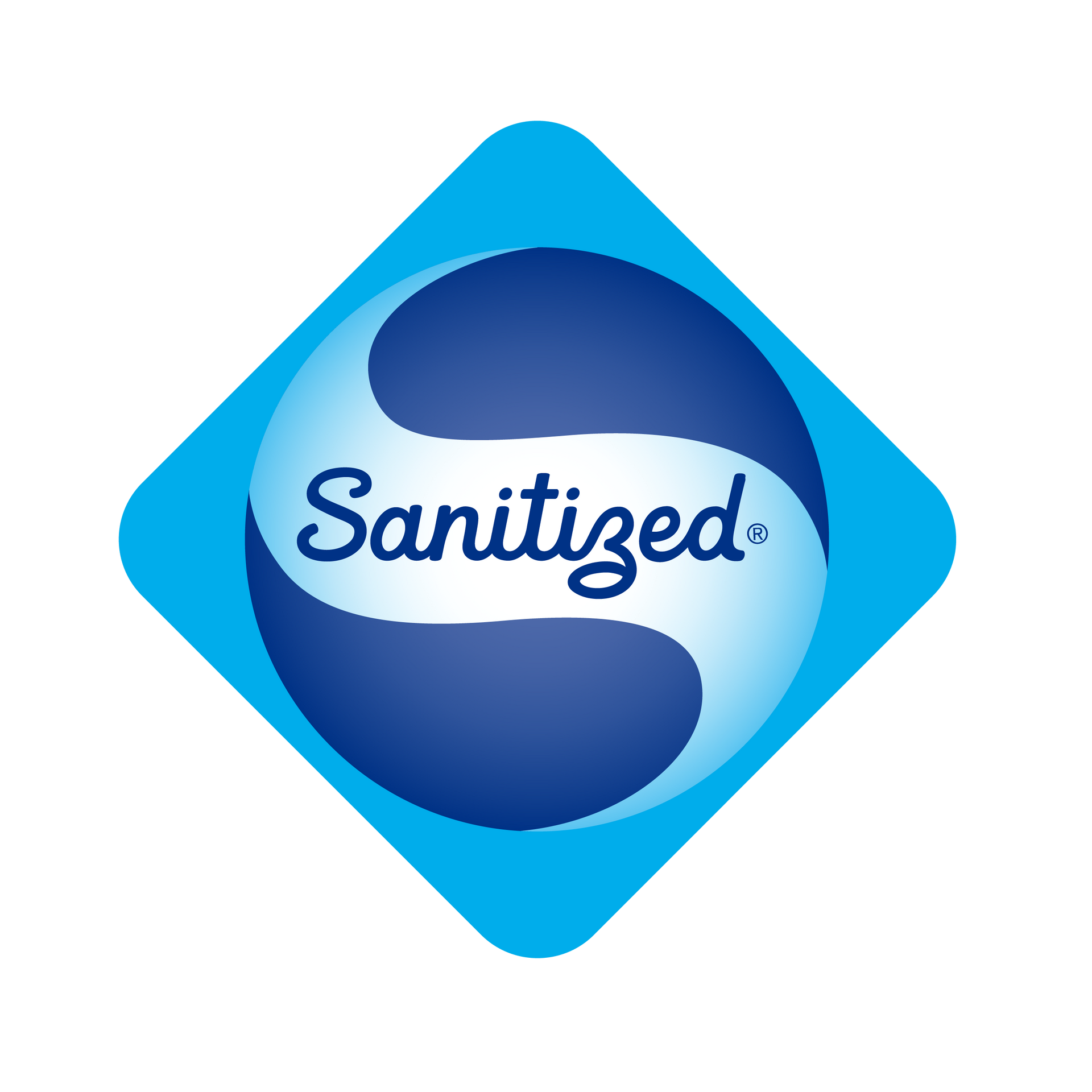 Un logotipo desinfectado azul y blanco sobre un fondo blanco.