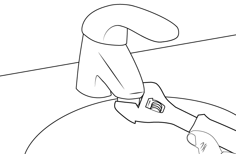 Un dibujo en blanco y negro de una persona sosteniendo una llave sobre el grifo del fregadero.