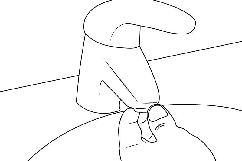 Un dibujo en blanco y negro de una persona soltando el filtro del grifo del lavabo