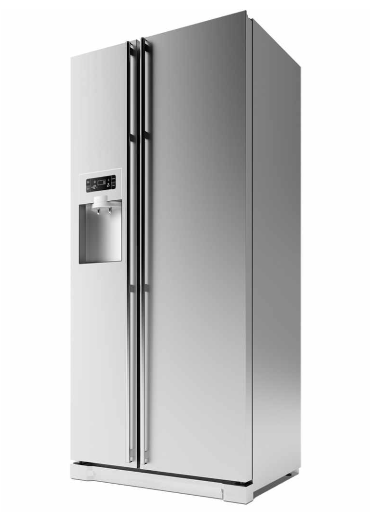 Un frigorífico de acero inoxidable con dos puertas y un dispensador de agua sobre fondo blanco.