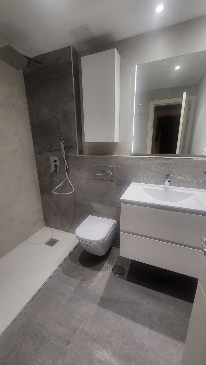Un cuarto de baño con inodoro, lavabo, espejo y ducha.