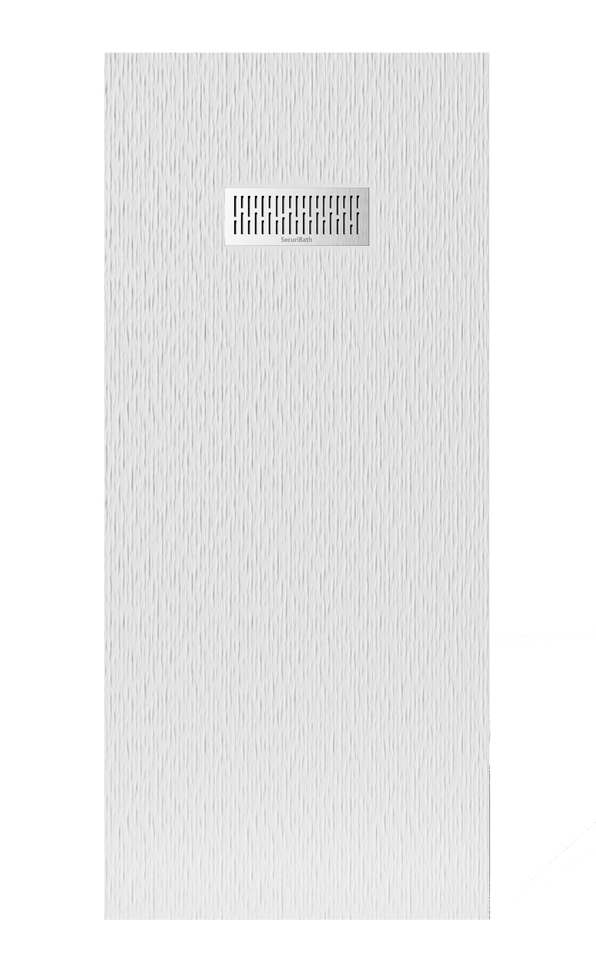 Plato de ducha blanco con desagüe de acero inoxidable sobre fondo blanco.