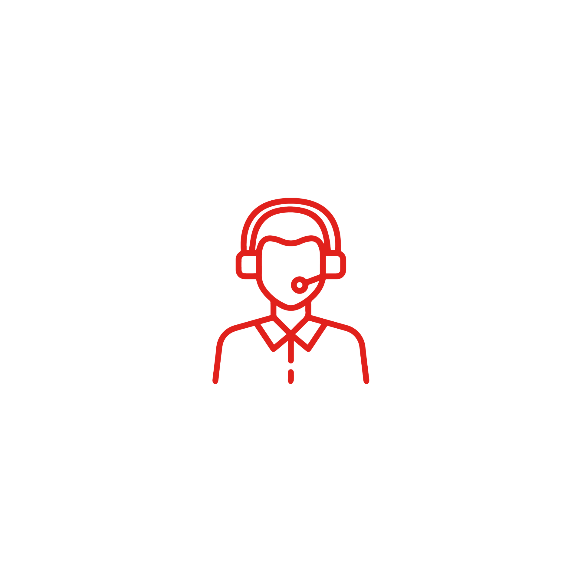 Un ícono de línea roja de un hombre que usa audífonos y un micrófono.