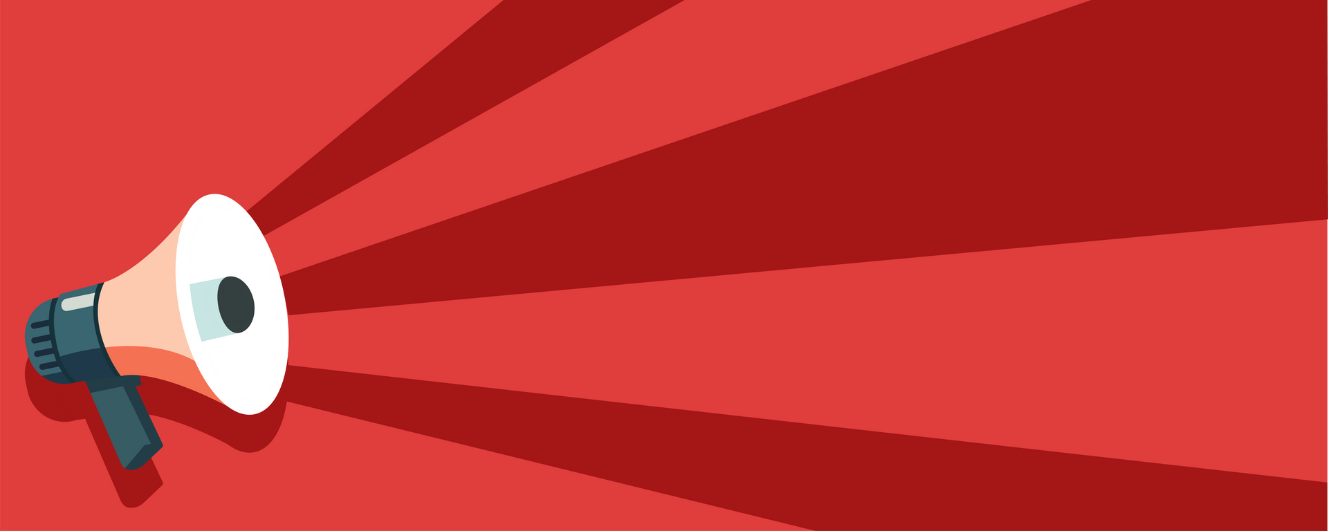 A megaphone is shouting on a red background with rays coming out of it.