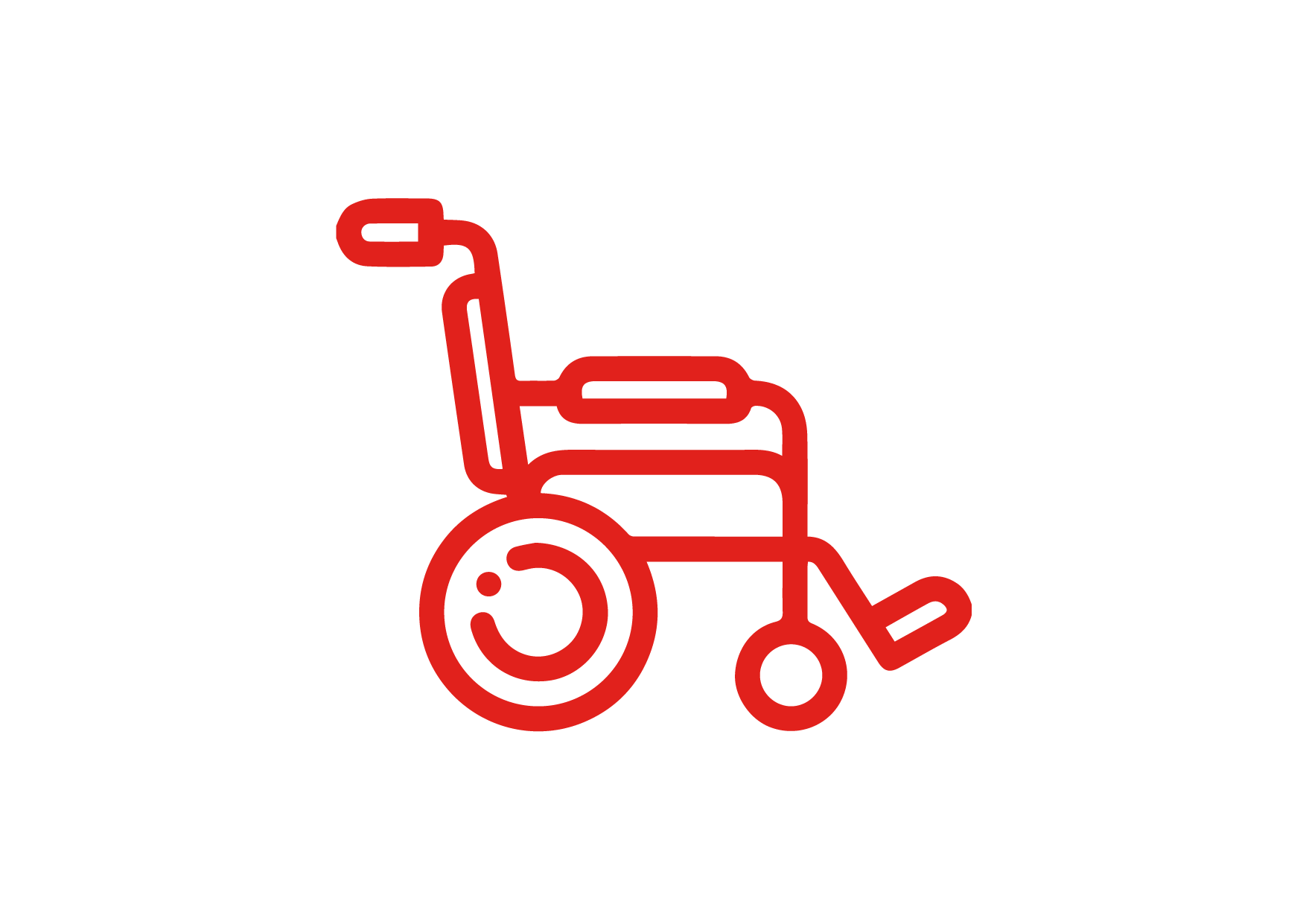 Un dibujo de una línea roja de una silla de ruedas sobre un fondo blanco.