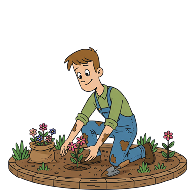 Man planting flowers in a garden bed. He wears overalls and smiles.