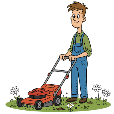 Man mowing a lawn with an orange mower, smiling on a sunny day.