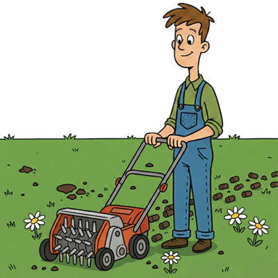 Man mowing a lawn with an orange mower, smiling on a sunny day.