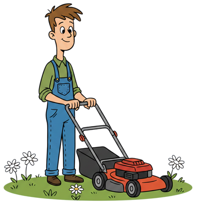 Man in overalls mowing a lawn with an orange and black mower, green grass and white flowers.