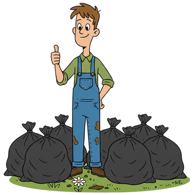 Man in blue overalls gives a thumbs-up, surrounded by black trash bags on grass.
