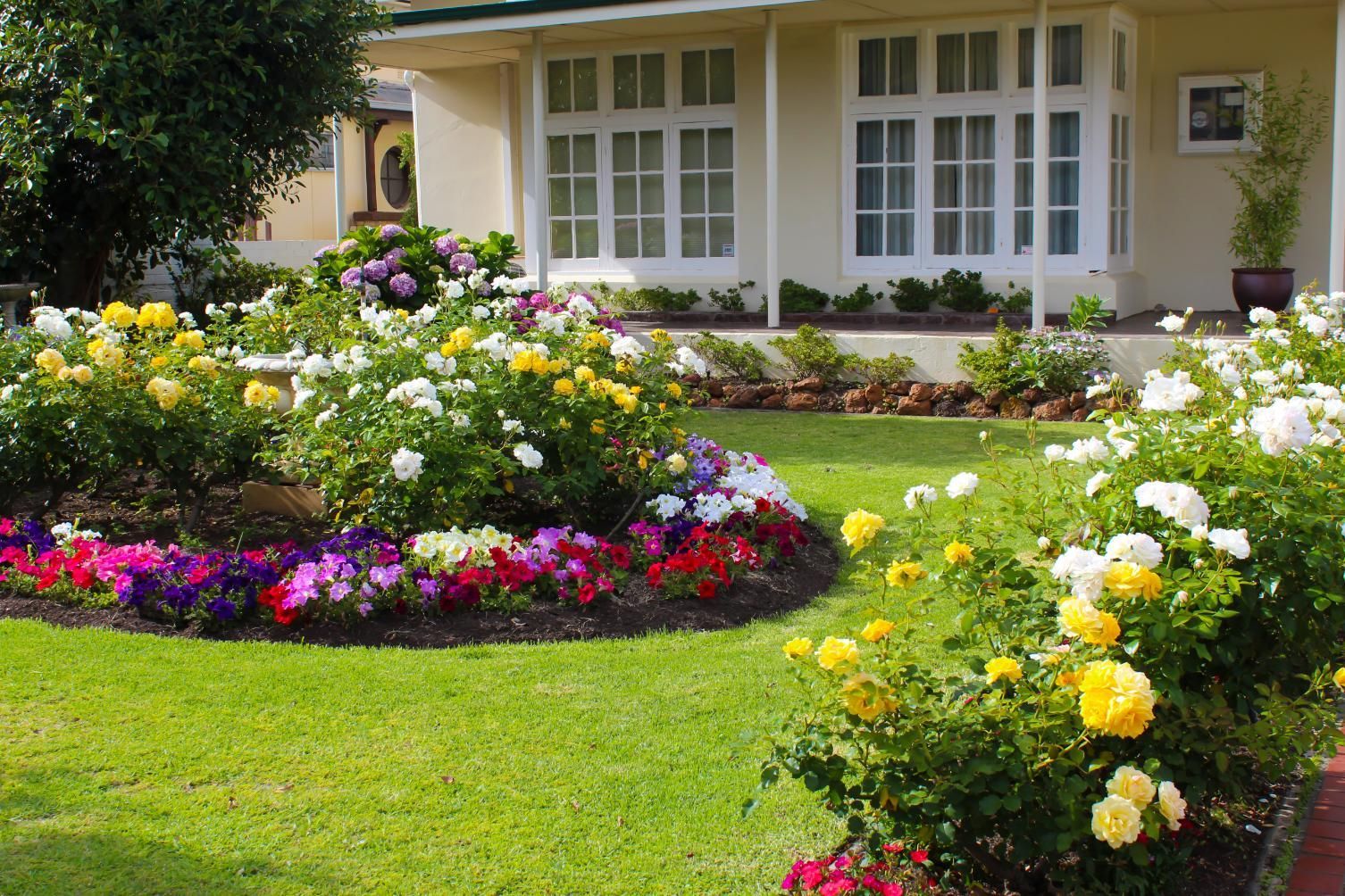 Colorful flower garden in front of a white house with manicured green lawn.