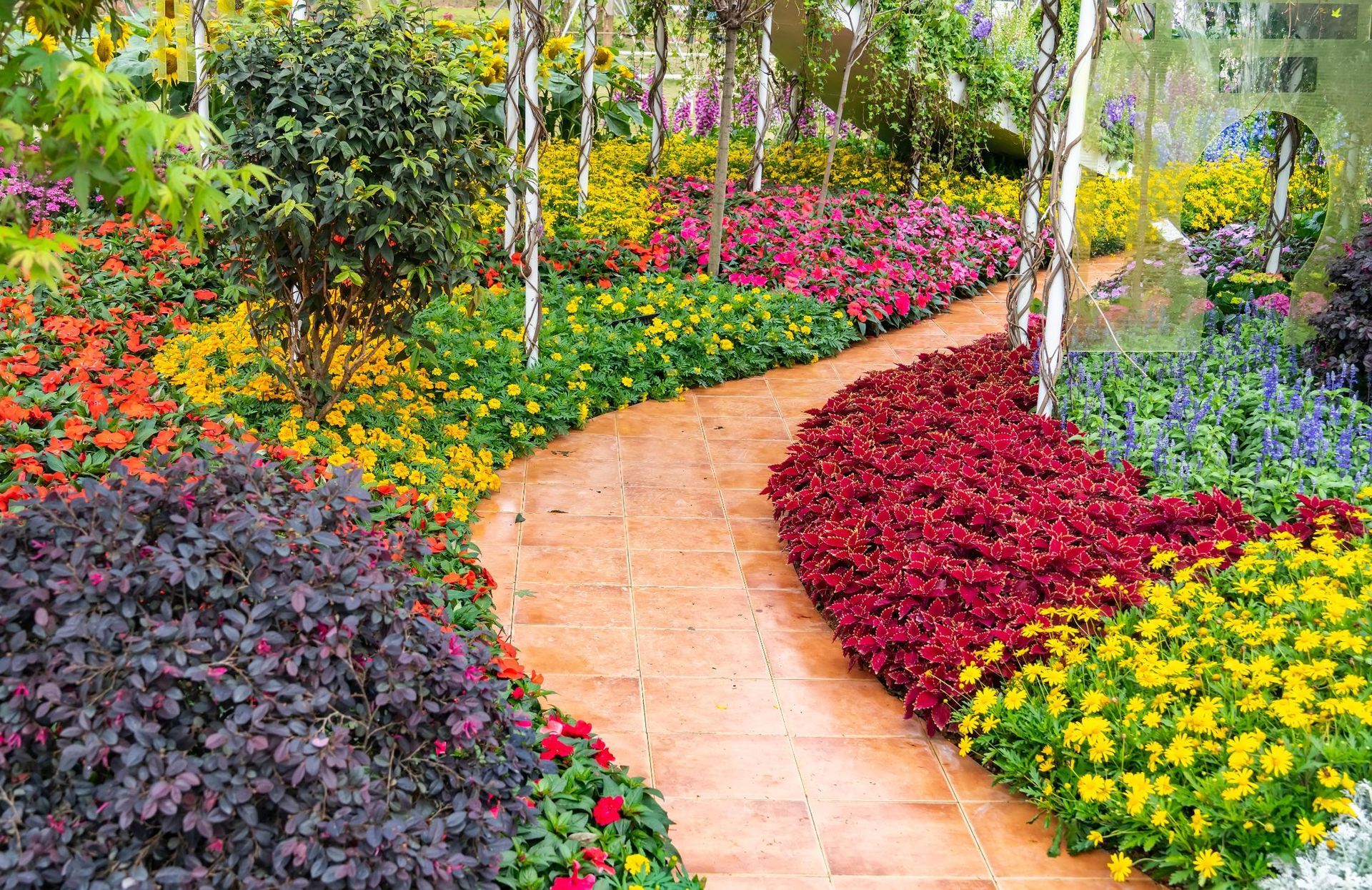 Brick path winds through colorful flowerbeds in a garden.