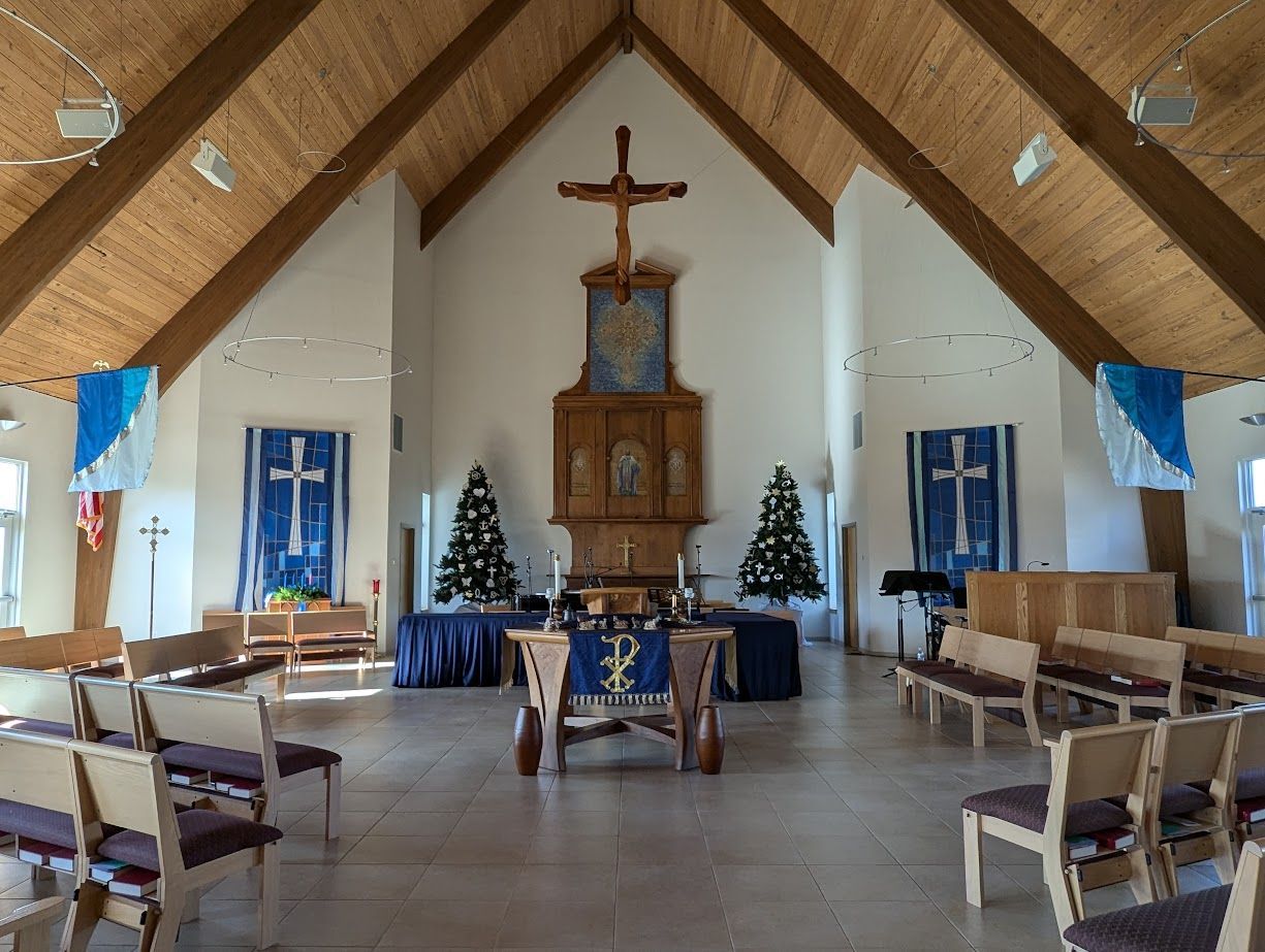 The inside of a church with no steps or raised areas