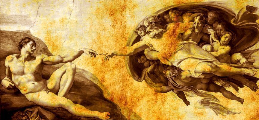 It is a painting of the creation of adam by michelangelo.