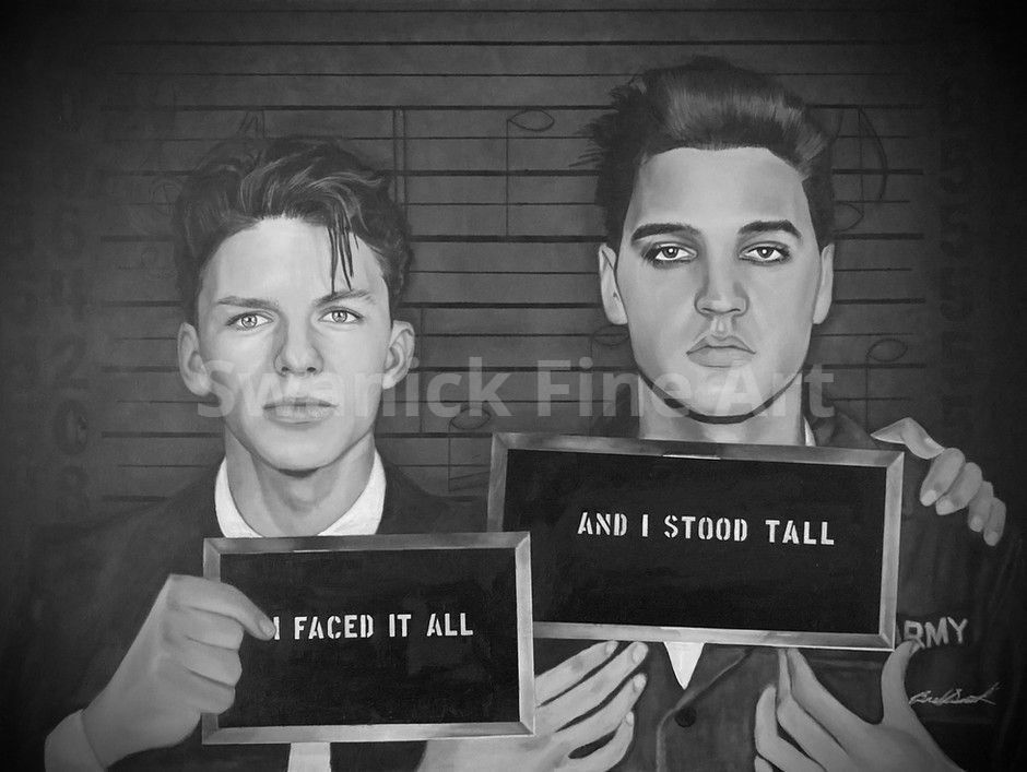 A black and white photo of elvis presley and frank sinatra holding mug shots