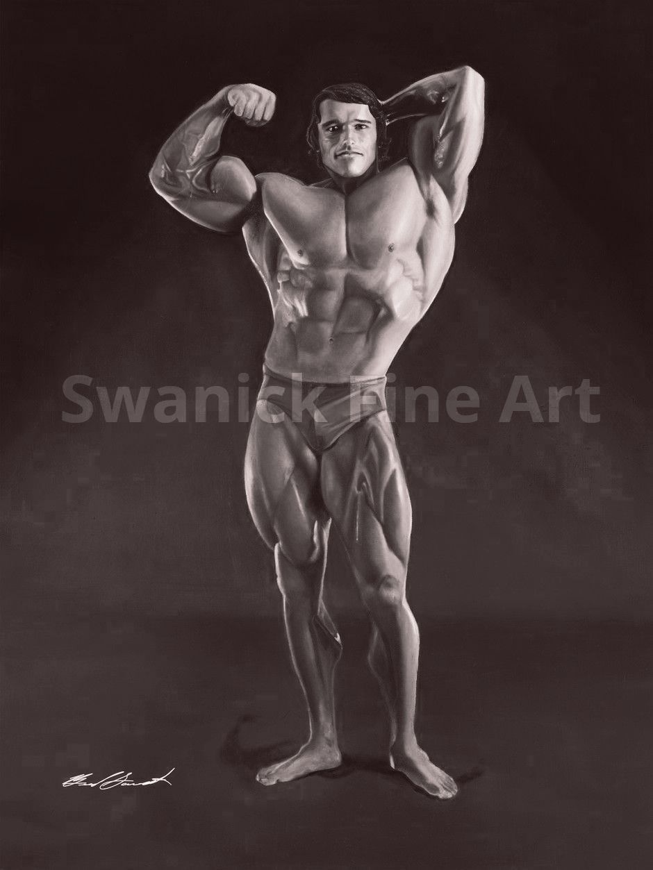A black and white photo of arnold schwarzenegger flexing his muscles