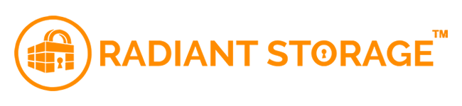 Logo for Radiant Storage, orange text and icon of a building with a padlock.