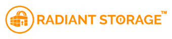 Logo for Radiant Storage, orange text and icon of a building with a padlock.