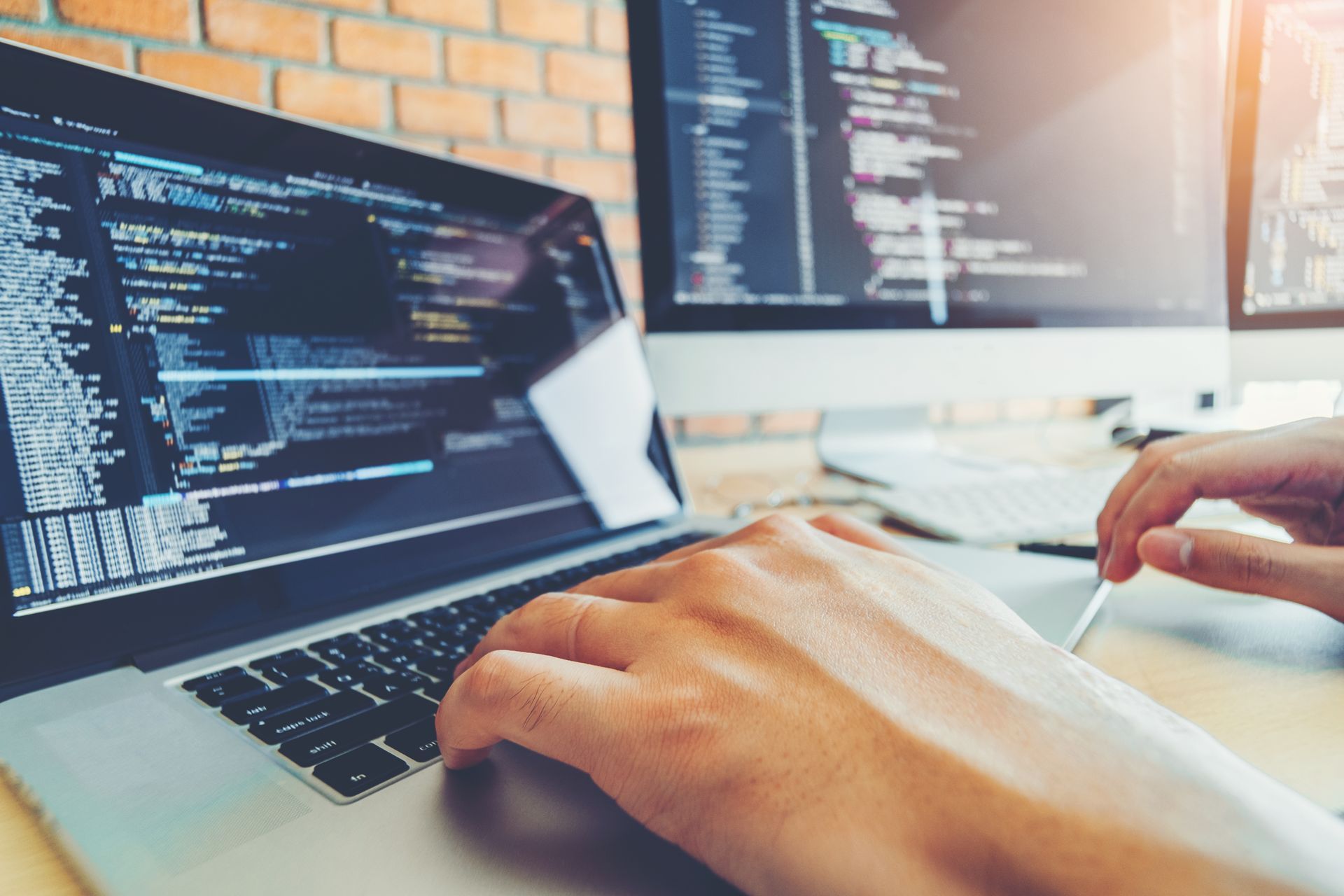 Developing programmer Team Development Website design and coding technologies working in software company office.