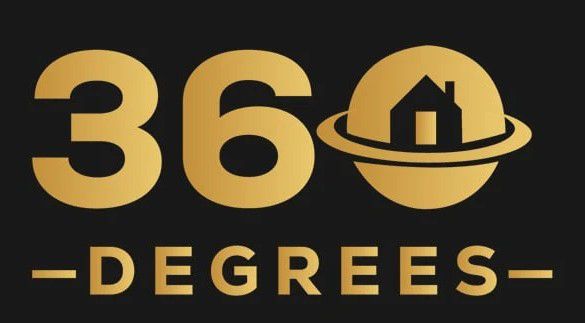 Gold "360" text with a house inside a circle, over "-DEGREES-" text on a black background.