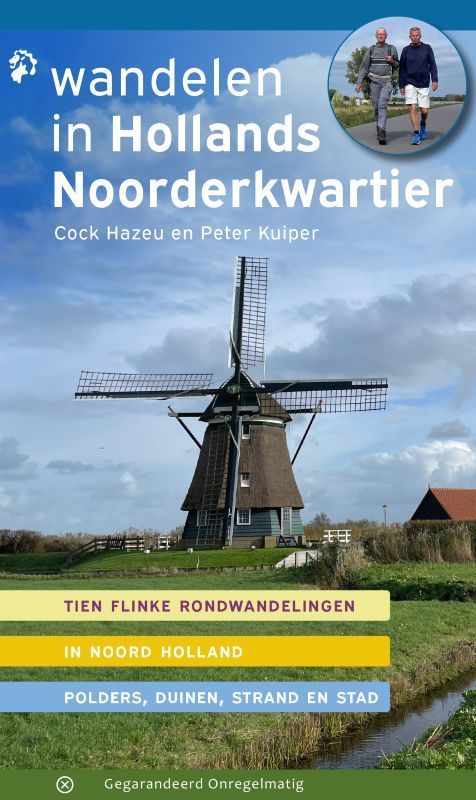 Boekcover: Windmolen, twee mannen wandelend, tekst in het Nederlands: Wandelen in Hollands Noorderkwartier.
