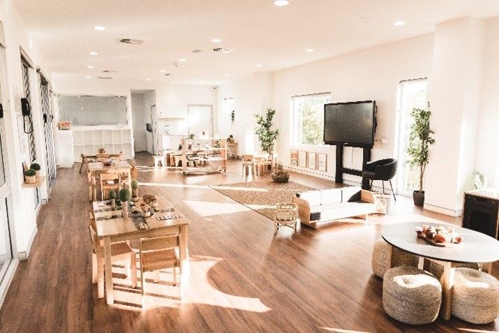 A large room with wooden floors , tables , chairs and a television.