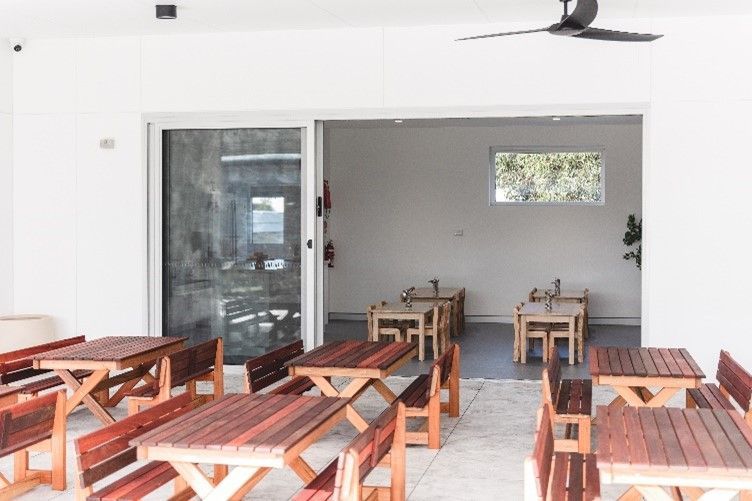 A room with tables and benches and a ceiling fan