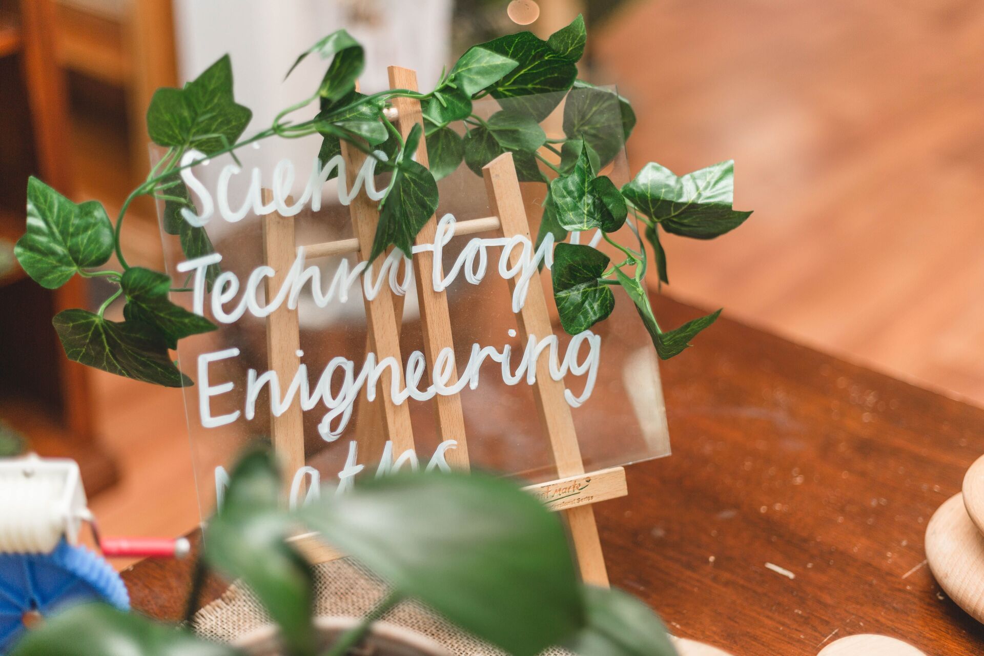 A wooden easel with a sign on it that says science technology engineering.
