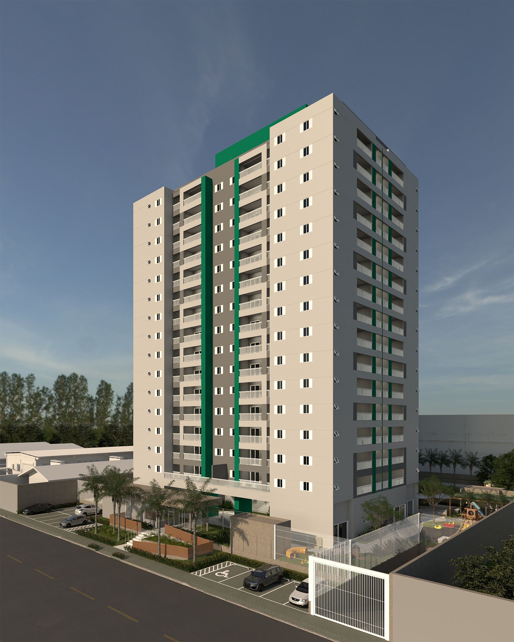 Uma vista aérea de um edifício alto com detalhes verdes