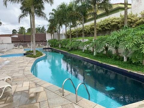 Há uma grande piscina cercada por palmeiras.