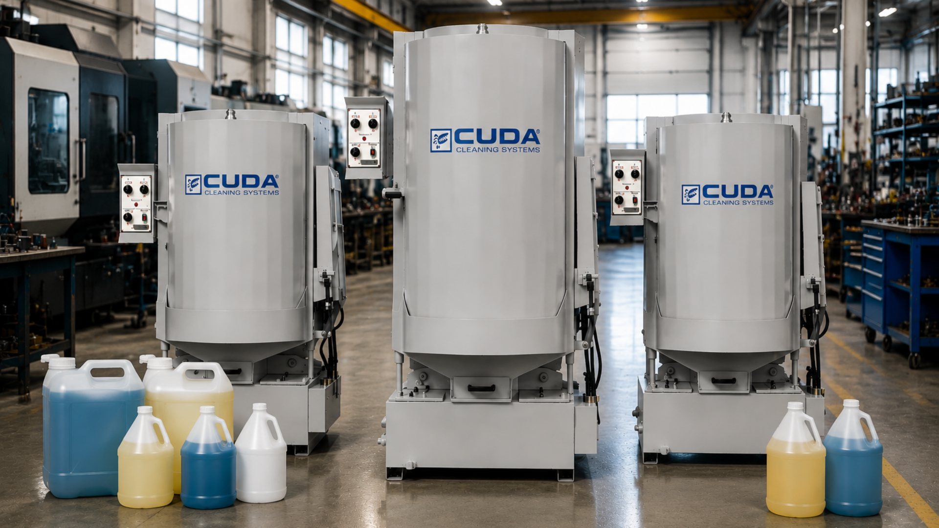 Three industrial tanks in a factory, with plastic jugs of liquid lined up in front.