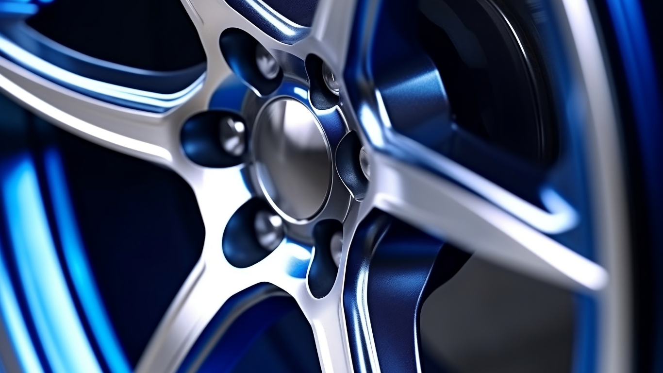A close up of a blue and silver wheel on a car.