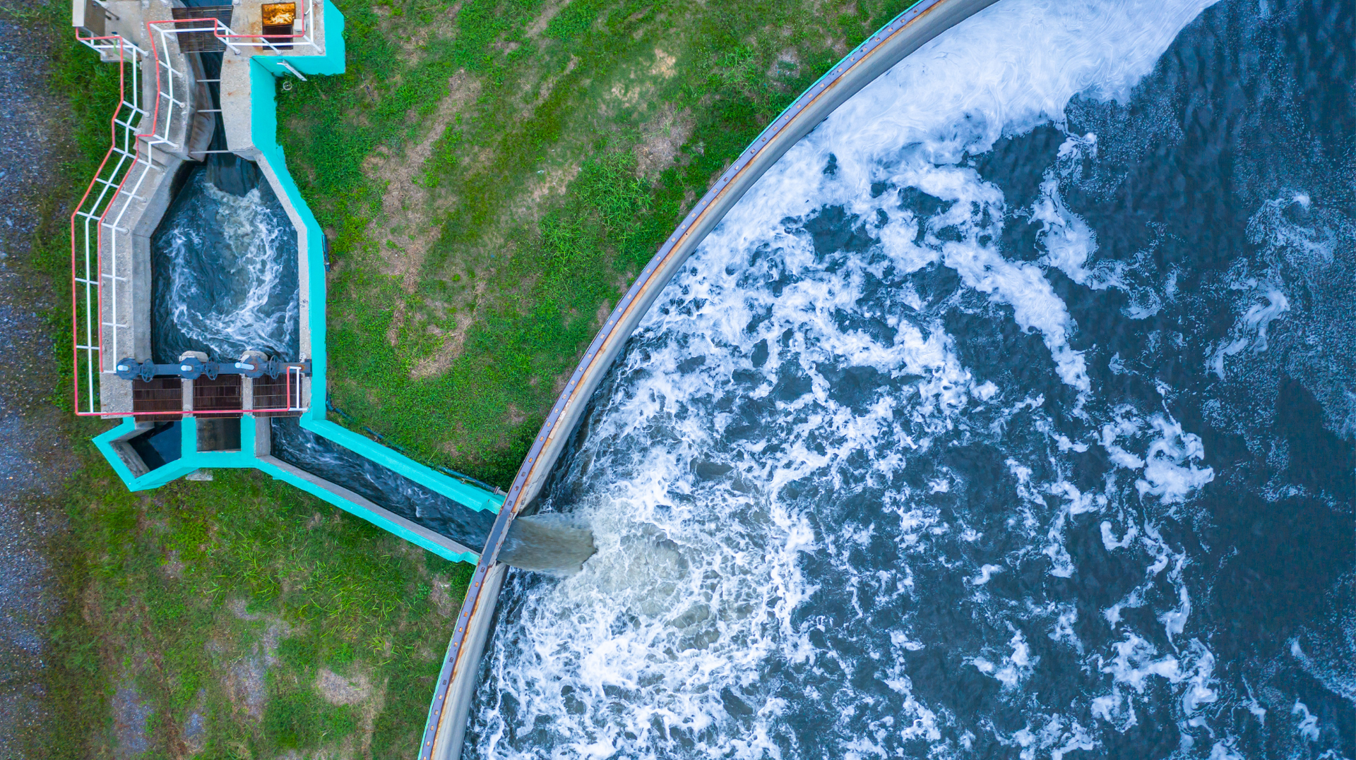 An aerial view of a water treatment plant.