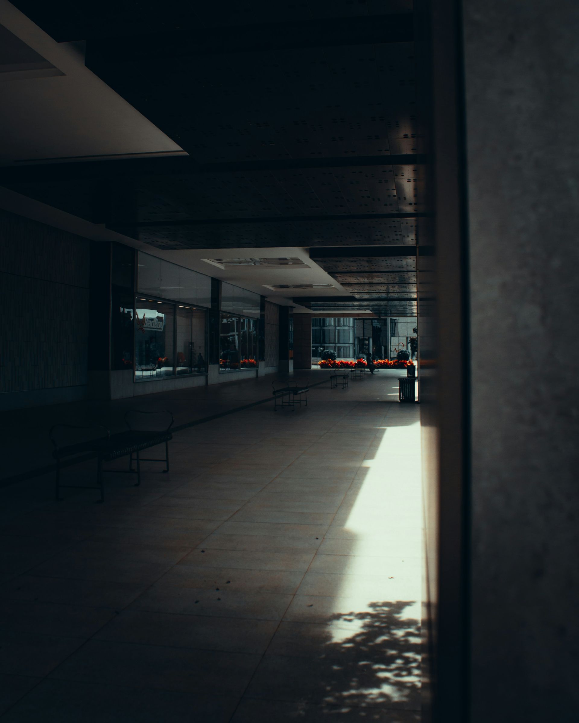 Dark, empty corridor with sunlight streaming in. Shadows cast across a tiled floor.