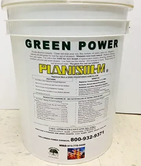 White bucket of Green Power Planisol-M cleaner; USDA approved.