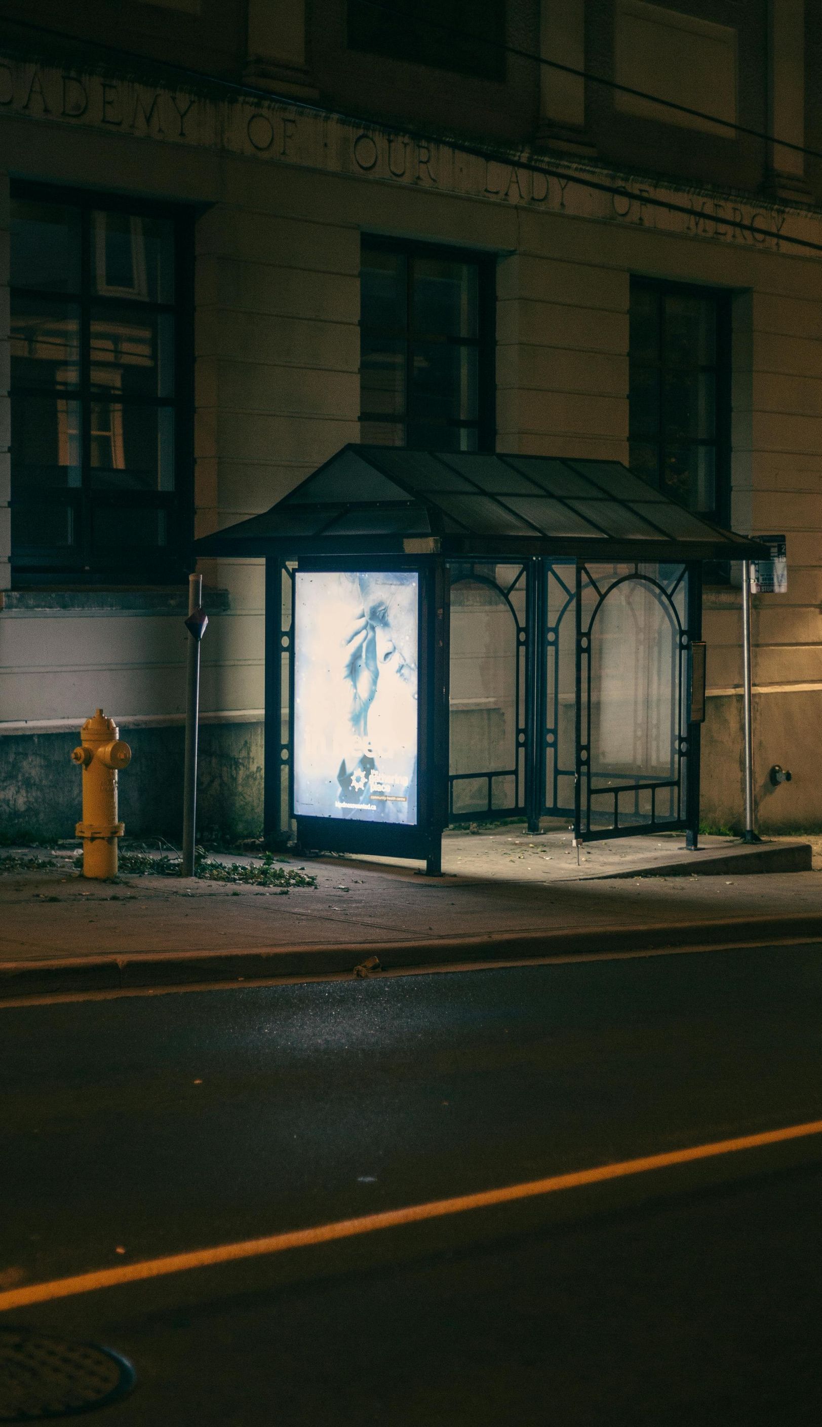 A bus stop at night with a fire hydrant in front of it.