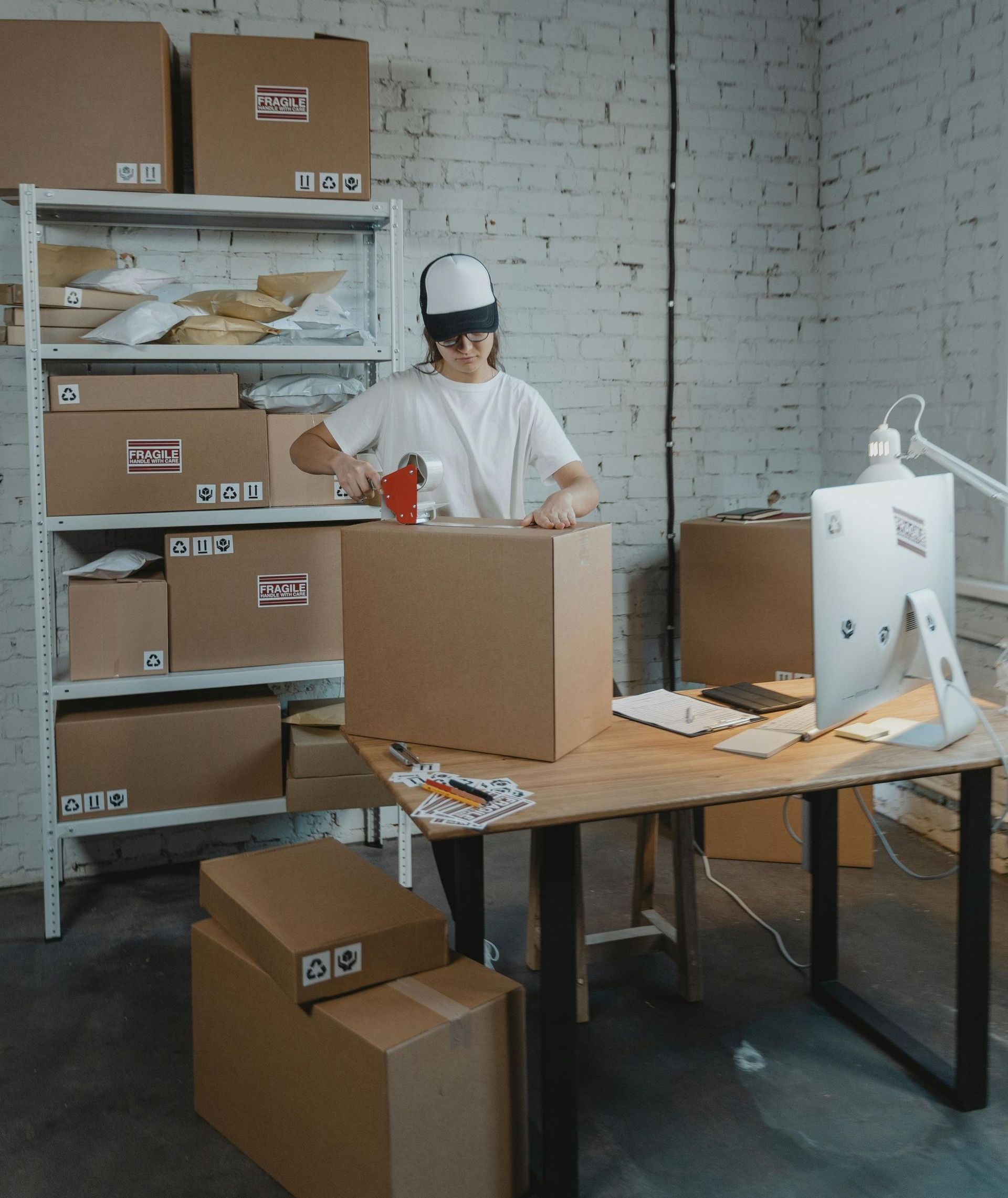 A man is sitting at a desk with boxes and a computer.
