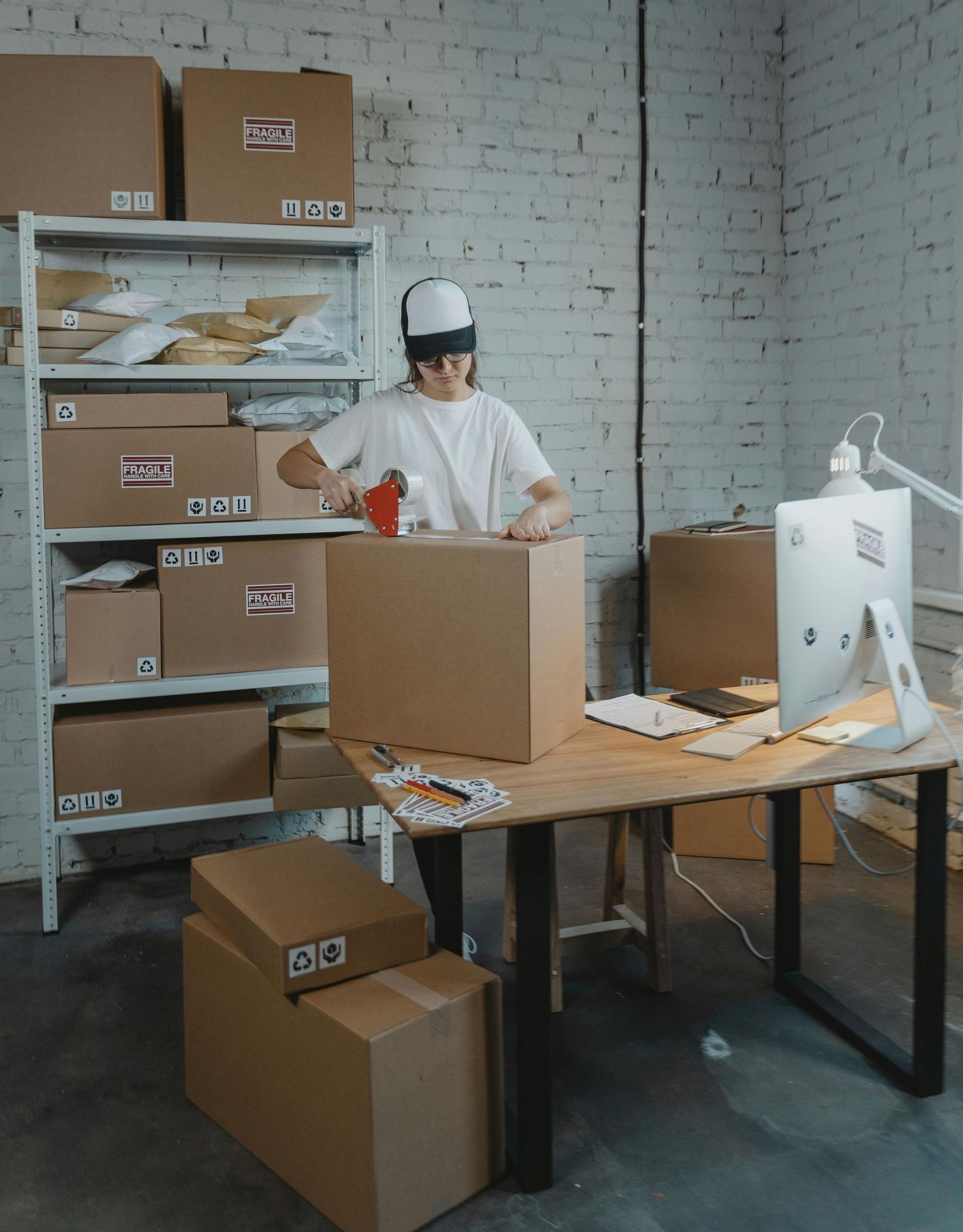 A man is sitting at a desk in a room filled with boxes and a computer.
