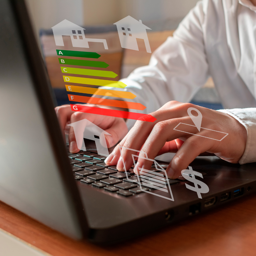 Person typing on laptop, overlaid with energy efficiency chart, house icons, and location/financial symbols.