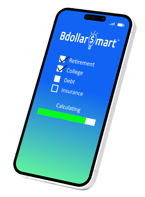 Smartphone displaying a financial planning app, showing progress calculating retirement and college expenses.