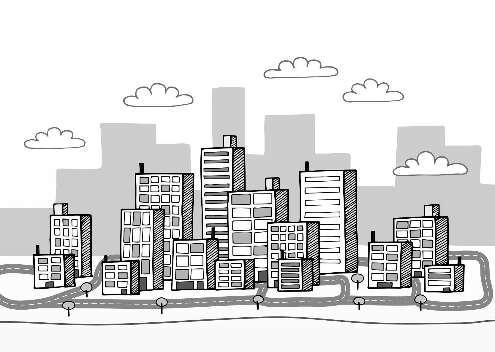 Black and white sketch of a city skyline with buildings, roads, and clouds.