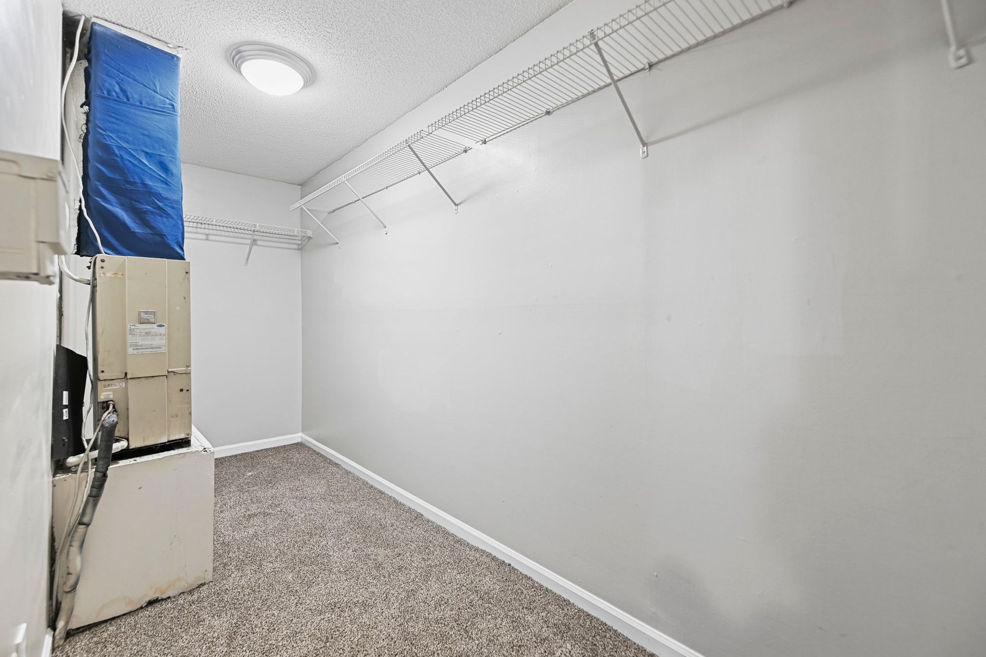 A utility closet with carpeted flooring, white walls, overhead lighting, wire shelving, and an HVAC unit in the corner.