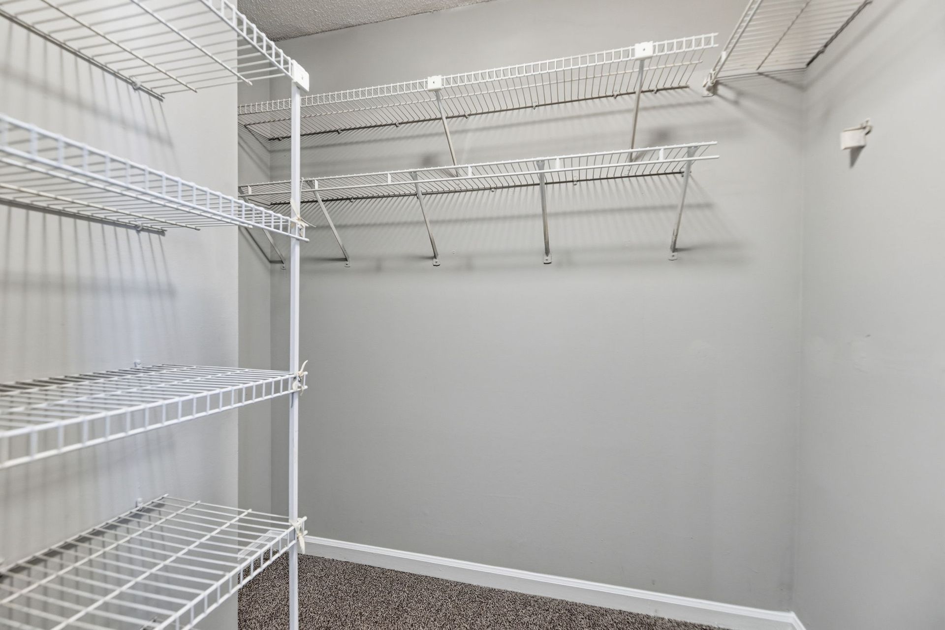 A walk-in closet with white wire shelving on the left and back walls and a textured, gray-brown carpeted floor.