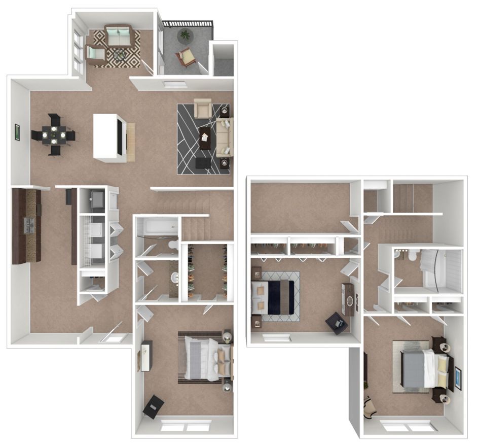 Floor plan for a three-bedroom, two-bathroom apartment featuring an open-concept living, dining, and kitchen area.