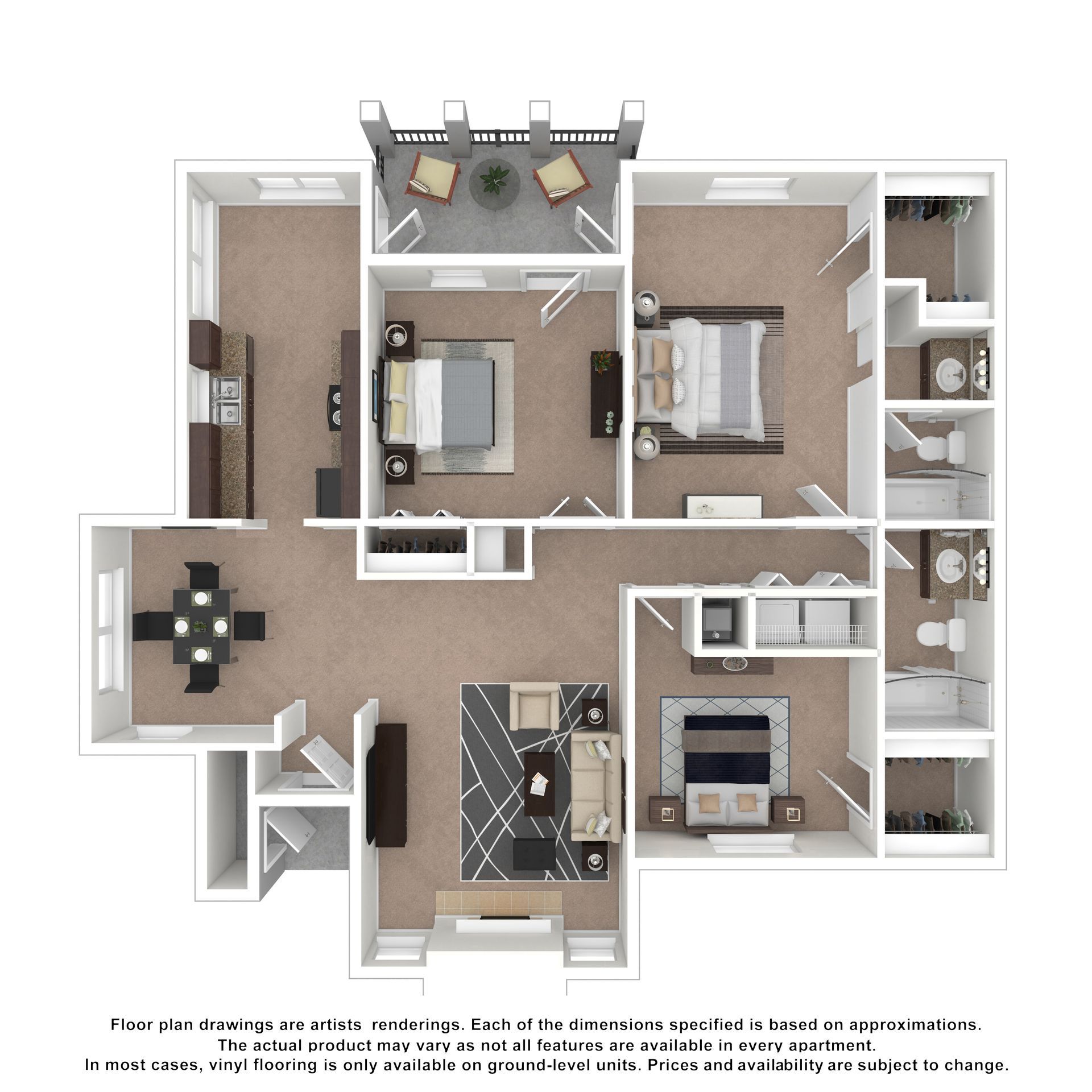 A floor plan of a three-bedroom, two-bathroom apartment with a kitchen, dining area, living room, and balcony.