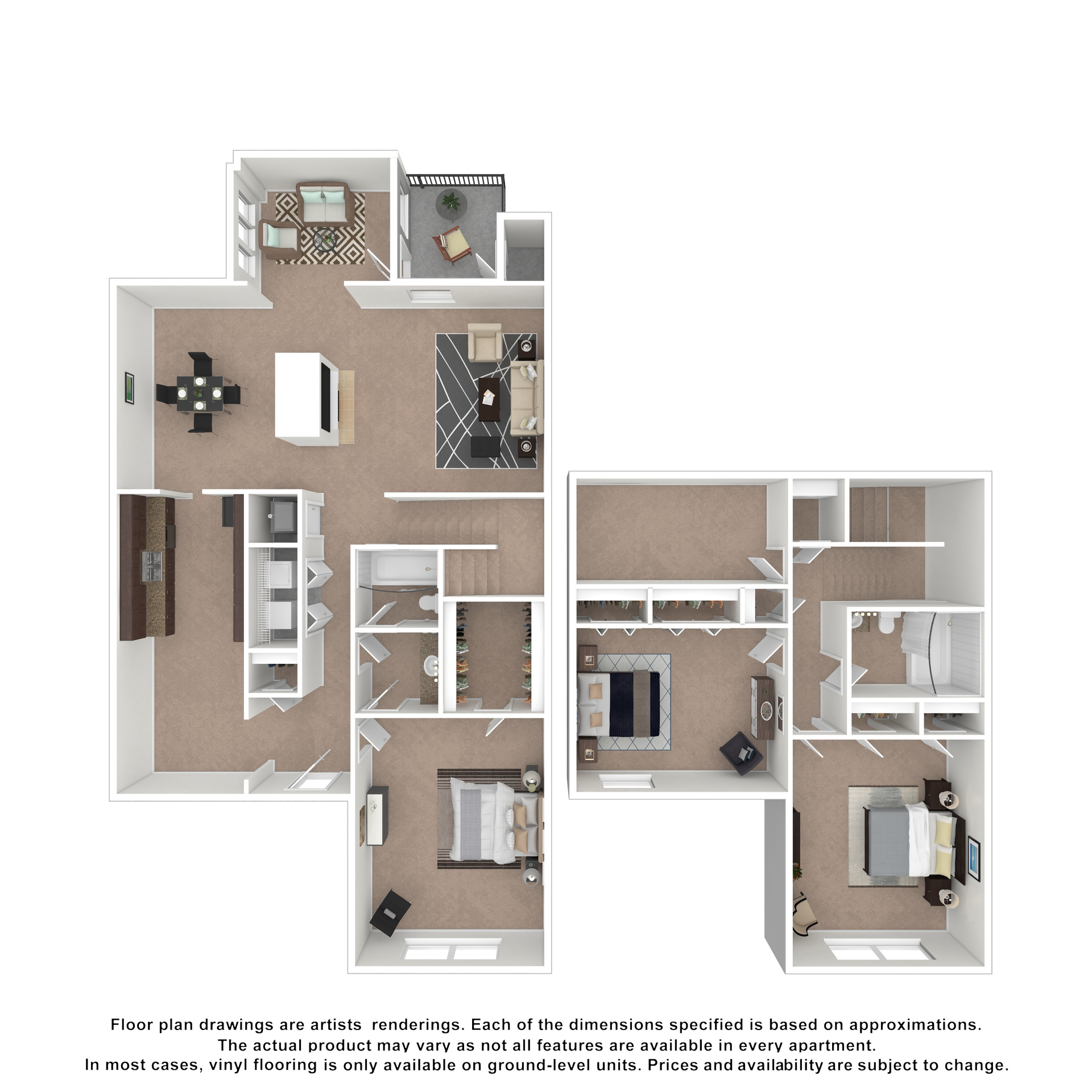 A two-story floor plan showing a kitchen, dining, living area, balcony, two bedrooms, and two bathrooms.