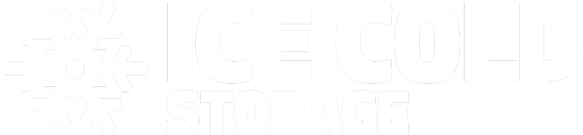 A blue logo for ice cold storage with a snowflake