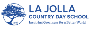 Logo for La Jolla Country Day School featuring a blue tree inside a circle, text, and the tagline "Inspiring Greatness."