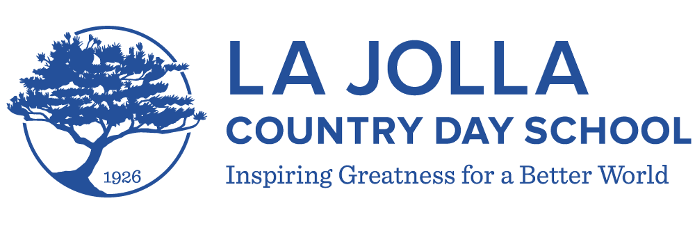 Logo for La Jolla Country Day School featuring a blue tree inside a circle, text, and the tagline "Inspiring Greatness."