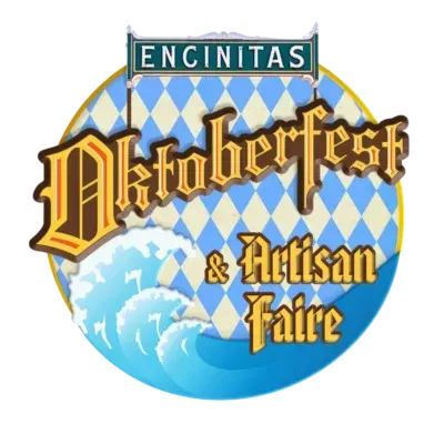 A circular logo for the Encinitas Oktoberfest & Artisan Faire, featuring blue and white diamond patterns and ocean waves.
